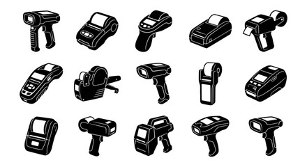 Black and white barcode scanner icons, 15 retail technology vector elements, handheld laser scanners and thermal receipt printer set for logistics © Shihab