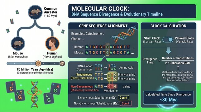 An infographic explaining the molecular clock concept in DNA sequence divergence and evolutionary timeline
