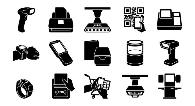 Retail technology icons set, barcode scanner and POS terminal vector elements, 15 black silhouette logistics and checkout hardware symbols