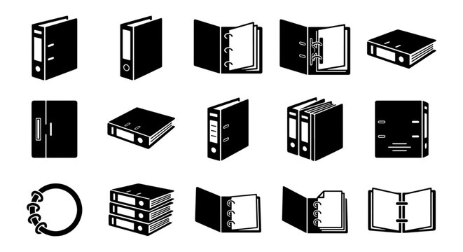 Black ring binder icons set, office document folder vector collection, 15 stationery organization symbols for business filing and archive management