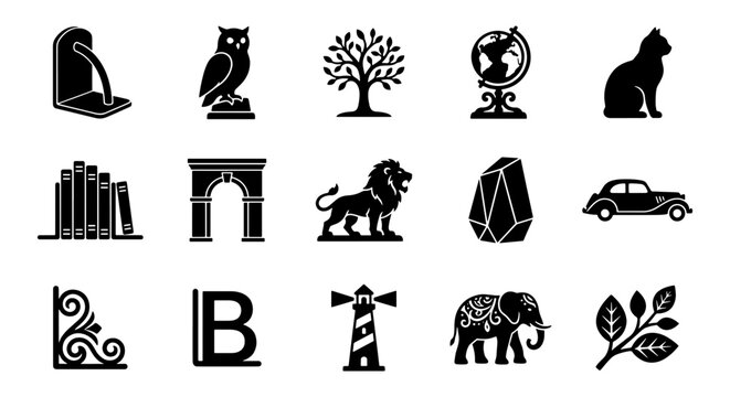 Vintage library icons and bookend symbols, set of 15 black vector silhouettes, classic academic and literary design elements for branding