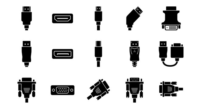 Computer cable connector icon set, 15 black silhouette vector elements, hardware plug and port symbols for digital technology and data transfer