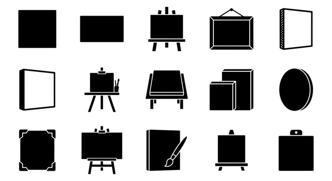 Minimalist canvas and easel icon set, 15 black silhouette art studio symbols, professional painting equipment and gallery frame vector collection