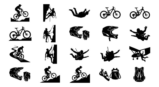 Extreme sports silhouette icons, mountain biking and rock climbing vector set, skydiving and paragliding adventure graphics, 20 black minimalist symbols