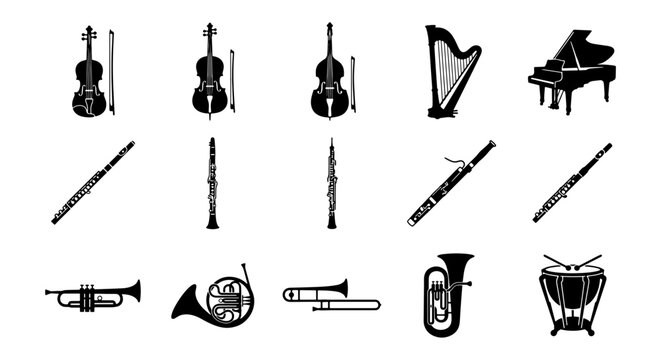 Classical musical instruments icon set, 15 black symphony orchestra vector elements, professional acoustic music equipment silhouettes on white