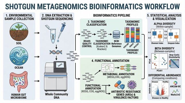 A detailed infographic illustrating the shotgun metagenomics bioinformatics workflow for analyzing environmental DNA samples
