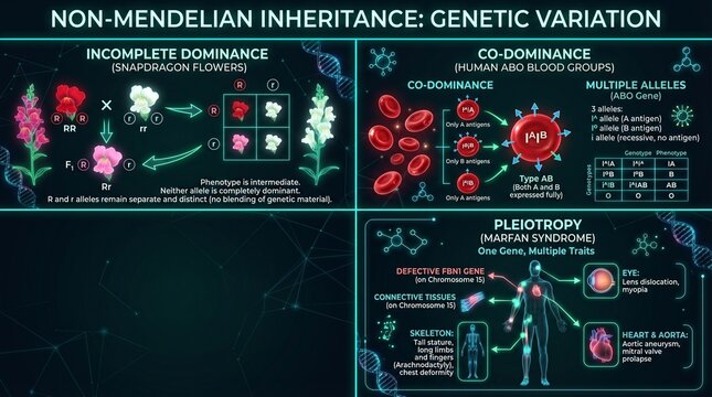 A detailed infographic illustrating Non-Mendelian inheritance patterns in genetics, including incomplete dominance, co-dominance, and pleiotropy.