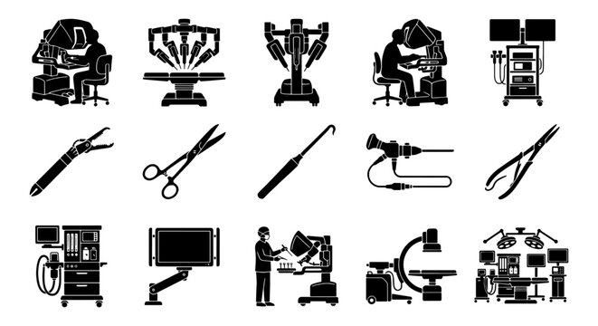 Robotic surgery icons set, 15 black vector silhouettes of medical technology, surgical robot equipment and operating room tools for healthcare