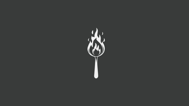 Minimalist white spoon with flames graphic illustration on dark grey background. Abstract burning kitchen utensil icon.