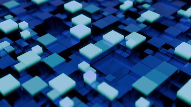 Glowing Blocks Move Over Digital Landscape. Bright Cubical Forms Cascade Across Virtual Grid Environment