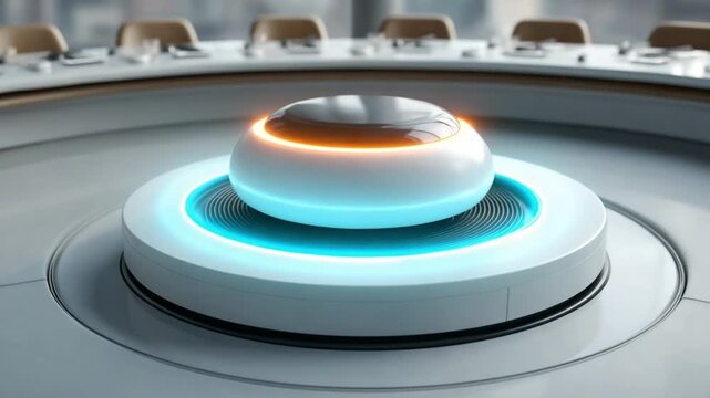 Technological Meeting Hub: A futuristic, sleek, and minimalist circular table centerpiece with an illuminated button, exuding an aura of innovation and connectivity in a modern setting.