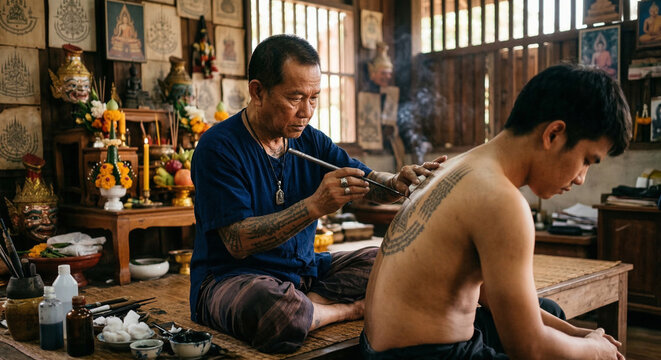Buddhist monk or master performing a traditional sak yant hand poked tattoo on a young man.