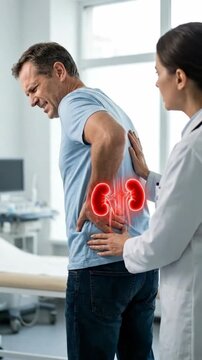 Renal health condition: kidney disease, patient suffer, doctor examine, back pain, medical problem, human organ, urology care, painful symptom, body ache, organ disorder.