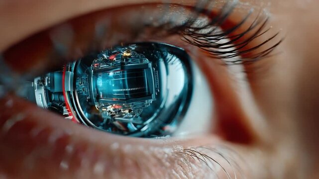 Cybernetic Vision: A close-up gaze into the eye, where intricate circuitry replaces the human iris, revealing the fusion of technology and the human form.