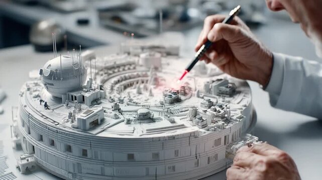 Precision in Detail: A craftsman meticulously working on an architectural model, illustrating the intersection of design, creativity, and the built environment.