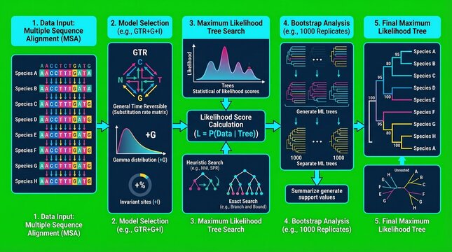 A scientific infographic illustrating the steps of phylogenetic analysis including data input, model selection, maximum likelihood tree search, bootstrap analysis, and final maximum likelihood tree