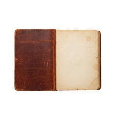 Fototapeta premium Antique open leather-bound journal with distressed mahogany cover and frayed parchment pages on a transparent surface, nostalgic rustic elegance atmosphere