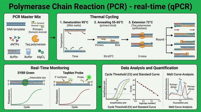 A scientific illustration of the Polymerase Chain Reaction (PCR) process, including real-time quantitative PCR (qPCR) techniques and data analysis.