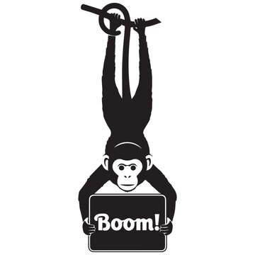 Monkey holding laptop, upside down monkey, tech mascot, Boom! expression, black vector icon