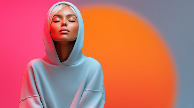 Person Sitting Calmly with Eyes Closed, Soft Breathing Expression, Background Split into Muted Tones and Soft Colorful Gradients, Minimal Composition, Recovery and Therapy Concept

