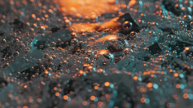 A mesmerizing spectacle unfolds as luminous bubbles rise and burst in a fluid realm, reflecting an array of colors. The playful interplay of light creates an enchanting atmosphere.