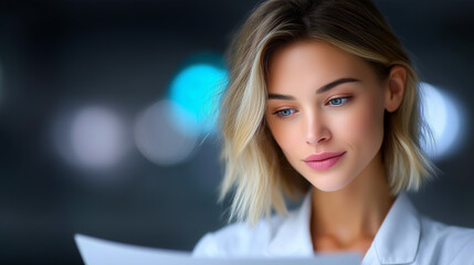 Fototapeta premium Medical Professional Reviewing Documents, Serious Focused Expression, Clean Minimal Workspace, Soft Lighting, Healthcare Administration Concept