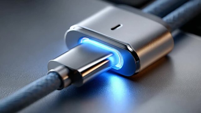 Tech Connector: A modern cable connector, aglow with a subtle light, sits ready for data transfer, embodying sleek design and advanced technology.