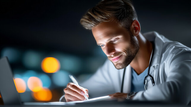 Medical Student Studying Notes, Focused Expression, Clean Minimal Desk, Soft Lighting, Medical Education Concept

