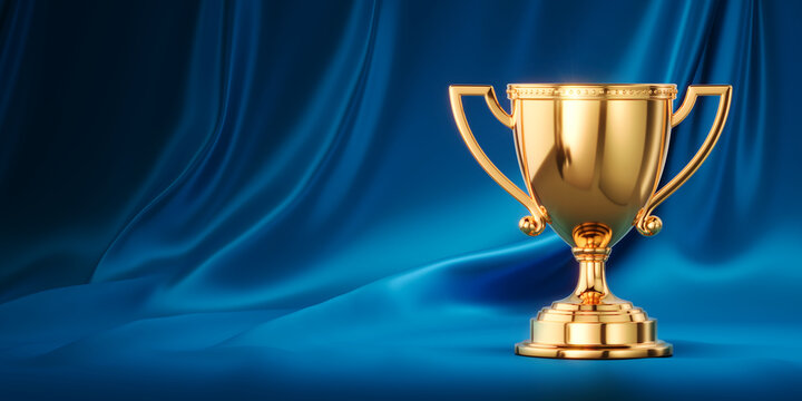 First place gold trophy cup on Blue silk cloth background. Win, Victory, Award concept - 3d rendering