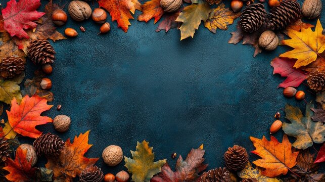 Autumnal elements in warm tones frame a deep blue background and serve as the main backdrop for the festive decorations.