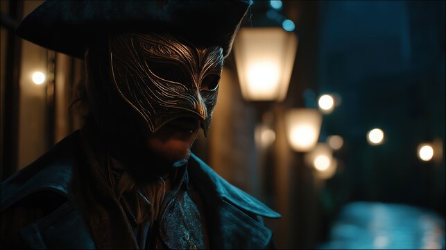 Mysterious Figure in Masquerade Attire at Night