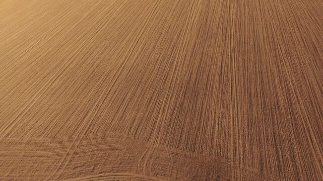 Plowed field with parallel soil furrows stretching across cultivated farmland under warm sunlight. Freshly tilled earth forming long lines after agricultural machinery work on rural land. Agronomy and