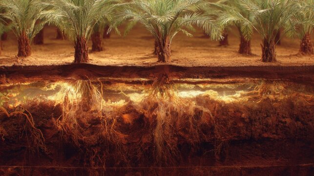 Detailed Visualization of Palm Tree Roots and Nutrient Flow Underground for Agricultural and Environmental Studies