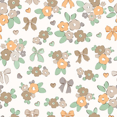 Fototapeta premium Preppy flirty flower with bow seamless pattern bow background. Vector cute cartoon hand-drawn illustration. textile, baby clothes, wallpaper, scrubbing, fabric