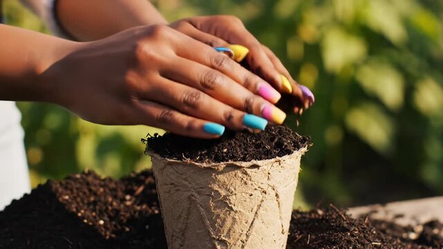 Hands carefully mold rich soil into a biodegradable pot adorned with vibrant colors. This scene captures the essence of gardening, love for nature, and the joy of nurturing life under warm sunlight.