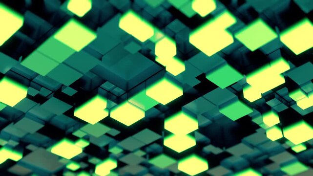 Glowing Cubes Form Electric Network. Bright Geometric Patterns Depict Dynamic Data Streams