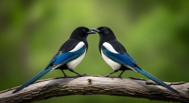 Two european magpies affectionately touching beaks on a branch in a lush green setting