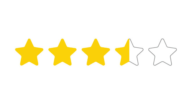 A star rating system depicting three and a half out of five stars on a clean white background