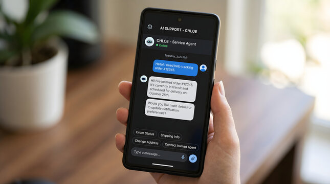 A person holding a smartphone with a chat interface on the screen showing a conversation with an ai support agent named chloe