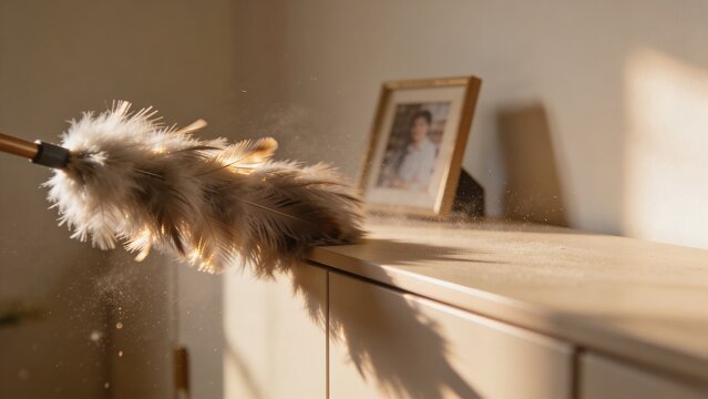 Close Up Fluffy Feather Duster Removing Dust From Furniture Inside Room
