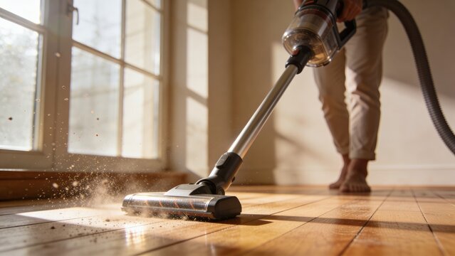 Close Up Modern Vacuum Cleaner Dusting on Hardwood Floor in Home Interior