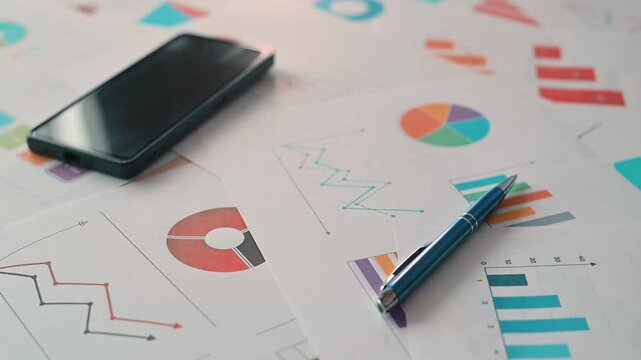 A person places a pen on documents that display various graphs and charts in an office setting. The individual is focused on organizing data while a smartphone is visible on the table