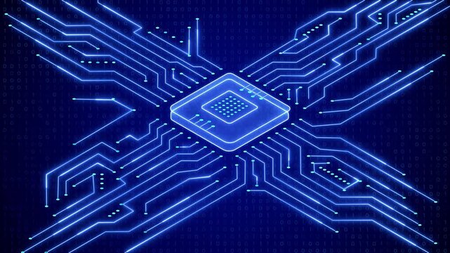 Futuristic AI Microchip Circuit Loop Motion Background, Neon Blue Technology Network for Data Processing, Digital Interface, Intro, and Sci-Fi Visuals, social media design element