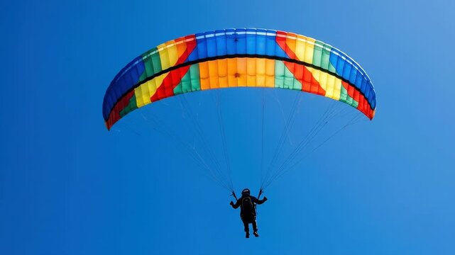 A high-altitude paraglider seen from directly below against a pure cobalt blue sky, the canopy fully inflated in vivid geometric colour panels, harness and pilot a small