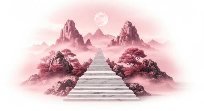 A serene pathway ascending to majestic mountains under a soft pink sky.