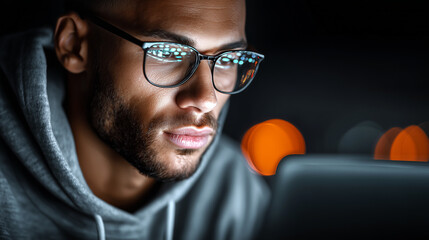 Obraz premium Young Developer Working on Laptop with Intense Concentration, Slight Forward Lean, Clean Workspace, Soft Lighting, Minimal Composition, Coding and Problem Solving Concept