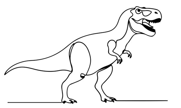 A classic line drawing illustration of a T-Rex dinosaur in profile, showcasing its powerful stance and characteristic features. This prehistoric creature is depicted with clean, minimalist lines
