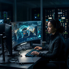 Fototapeta premium Woman working on computer with global network visualization on screen in dark room with multiple monitors