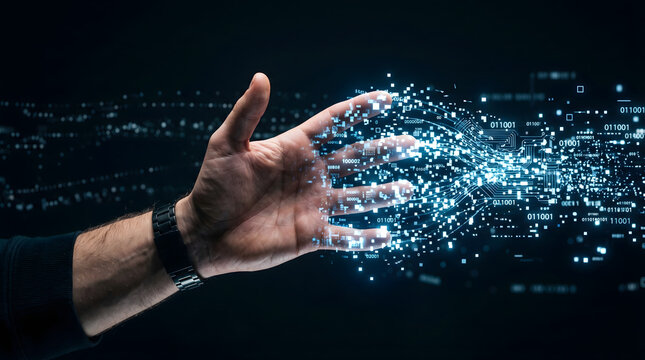 Hand with digital code particles on fingers and binary numbers in background