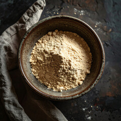 Fototapeta premium Organic finely ground powder in a handmade ceramic bowl on a dark stone table with a linen napkin. Authentic rustic aesthetic for healthy lifestyle, cooking, or natural wellness concepts